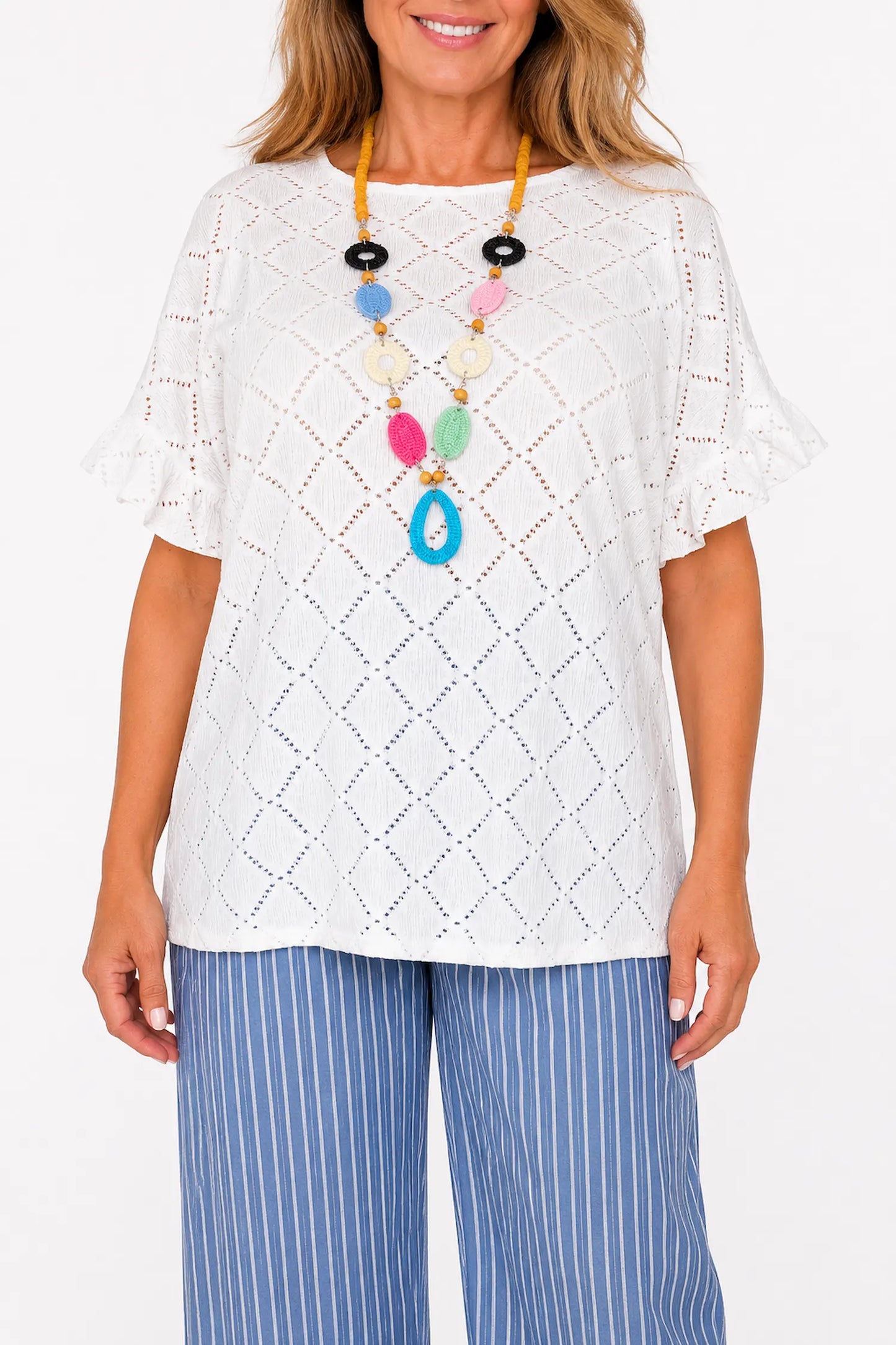 Lightly Textured Frill Sleeve Giana Necklace Top - White