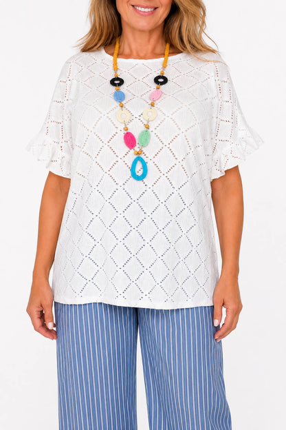 Lightly Textured Frill Sleeve Giana Necklace Top - White