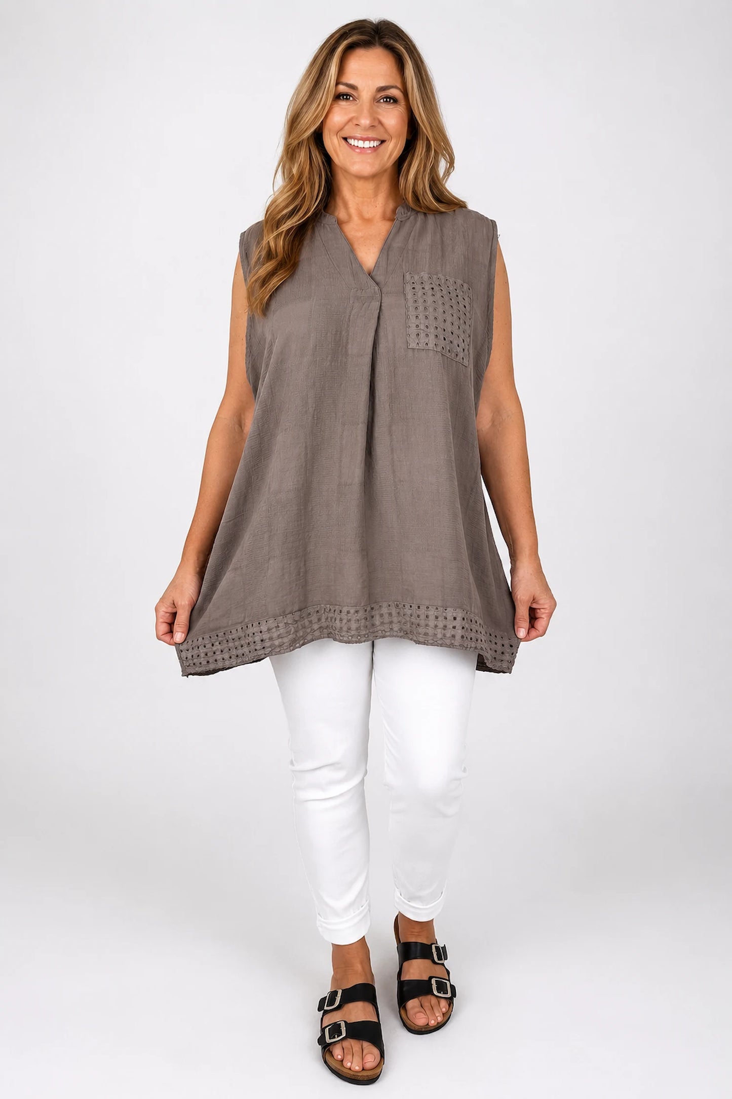 Pure Cotton Mesh Detail Rosetta Pocket Cap Sleeve Top - Mocha