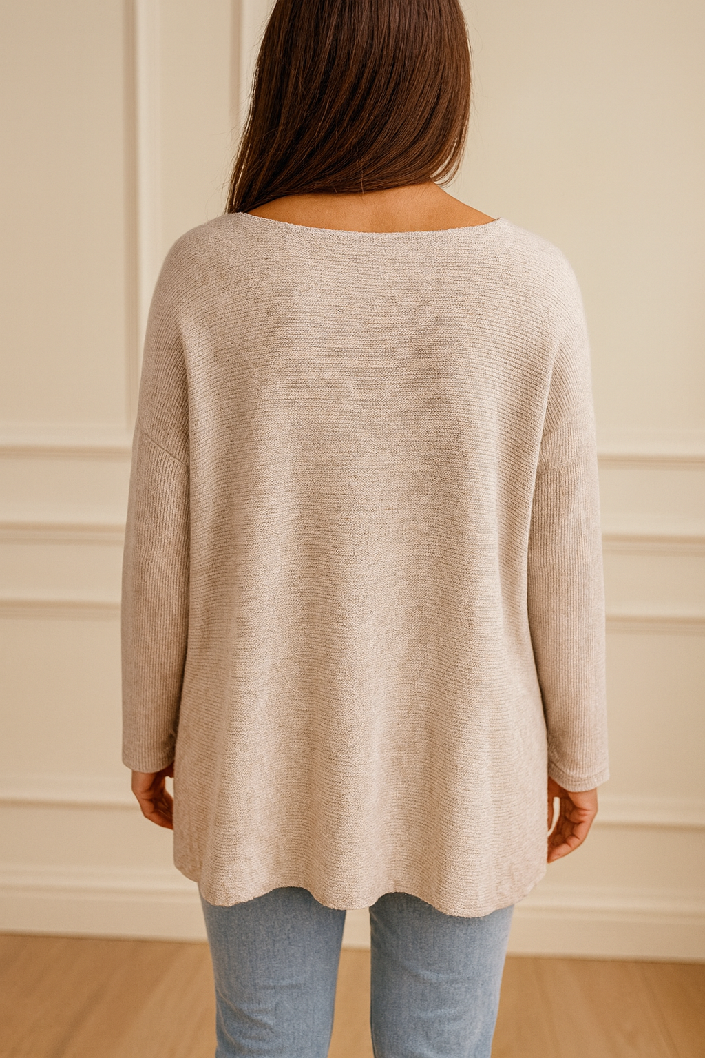 Wool Mix Ribbed Knit Marcela Necklace Top - Stone