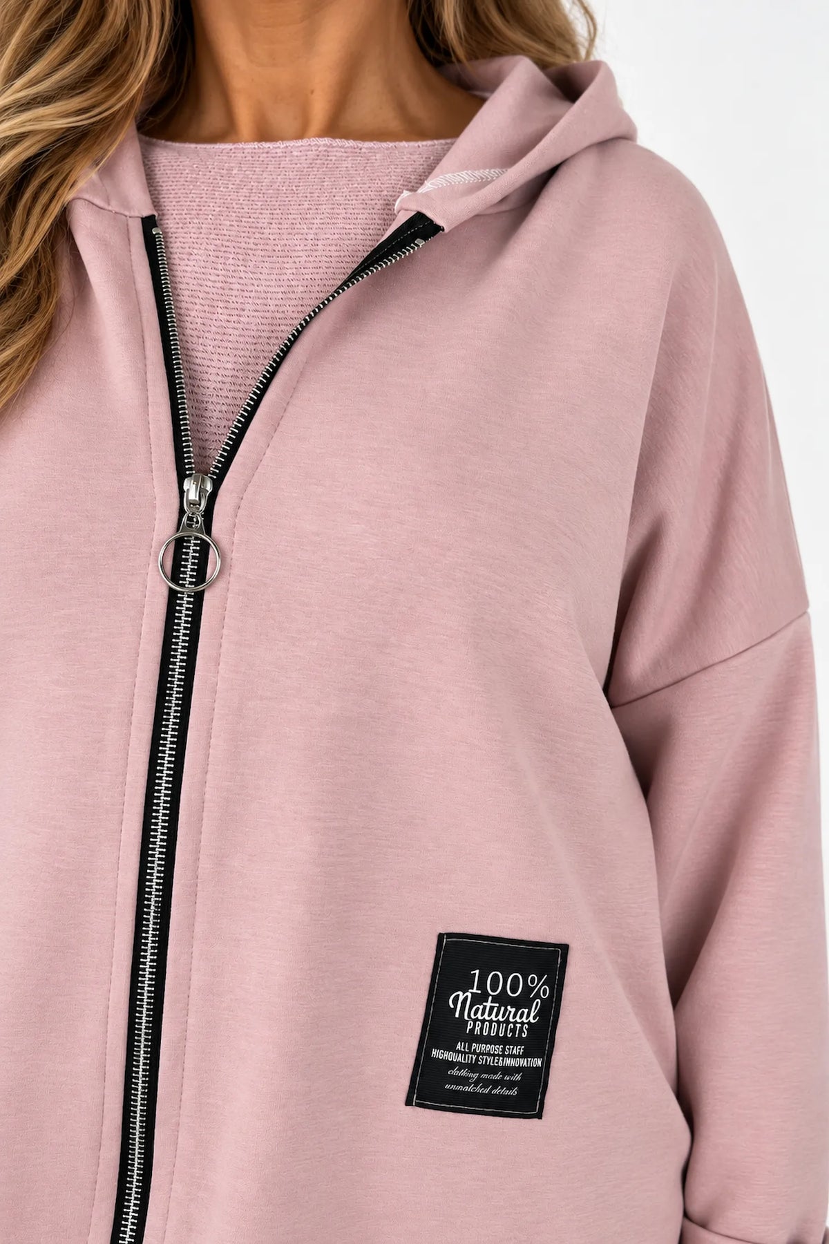Badge Detail Drawstring Hem Double Pocket Viera Zipped Hooded Jacket - Rosewood Pink
