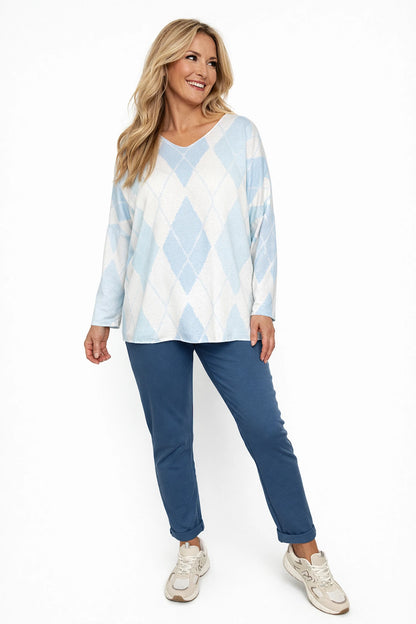 Wool Mix Spring Knit Argyle Florence Top - Baby Blue