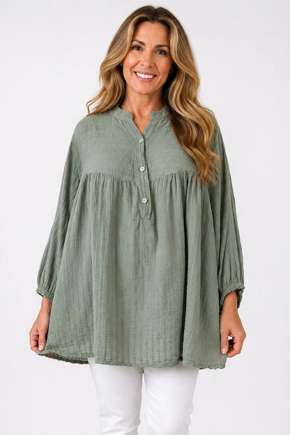 Pure Cotton Elasticated Sleeve Venice Button Shirt - Khaki