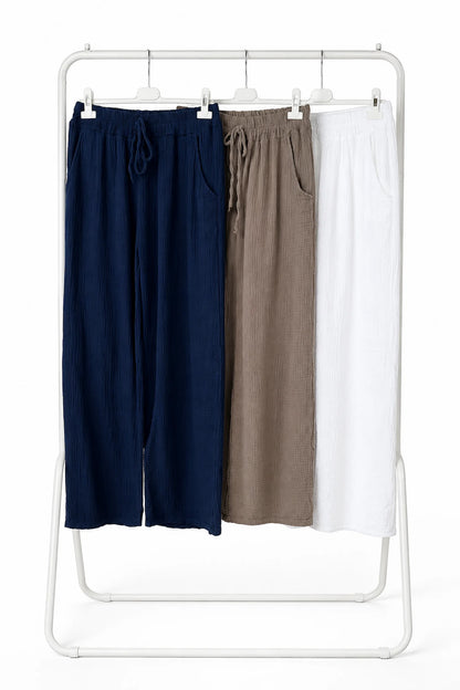 Pure Bubble Cotton Double Pocket Elasticated Waist Carla Wide Leg Pants - White