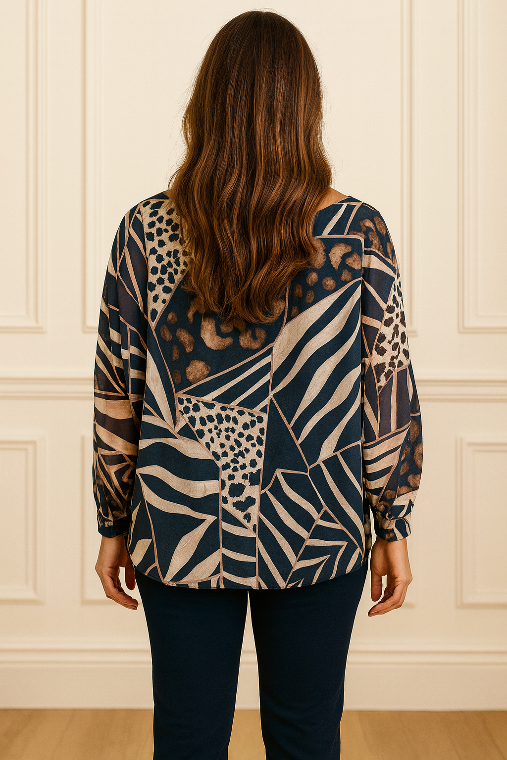 Fully Lined Tied Hem Detail Saris Chiffon Top - Navy