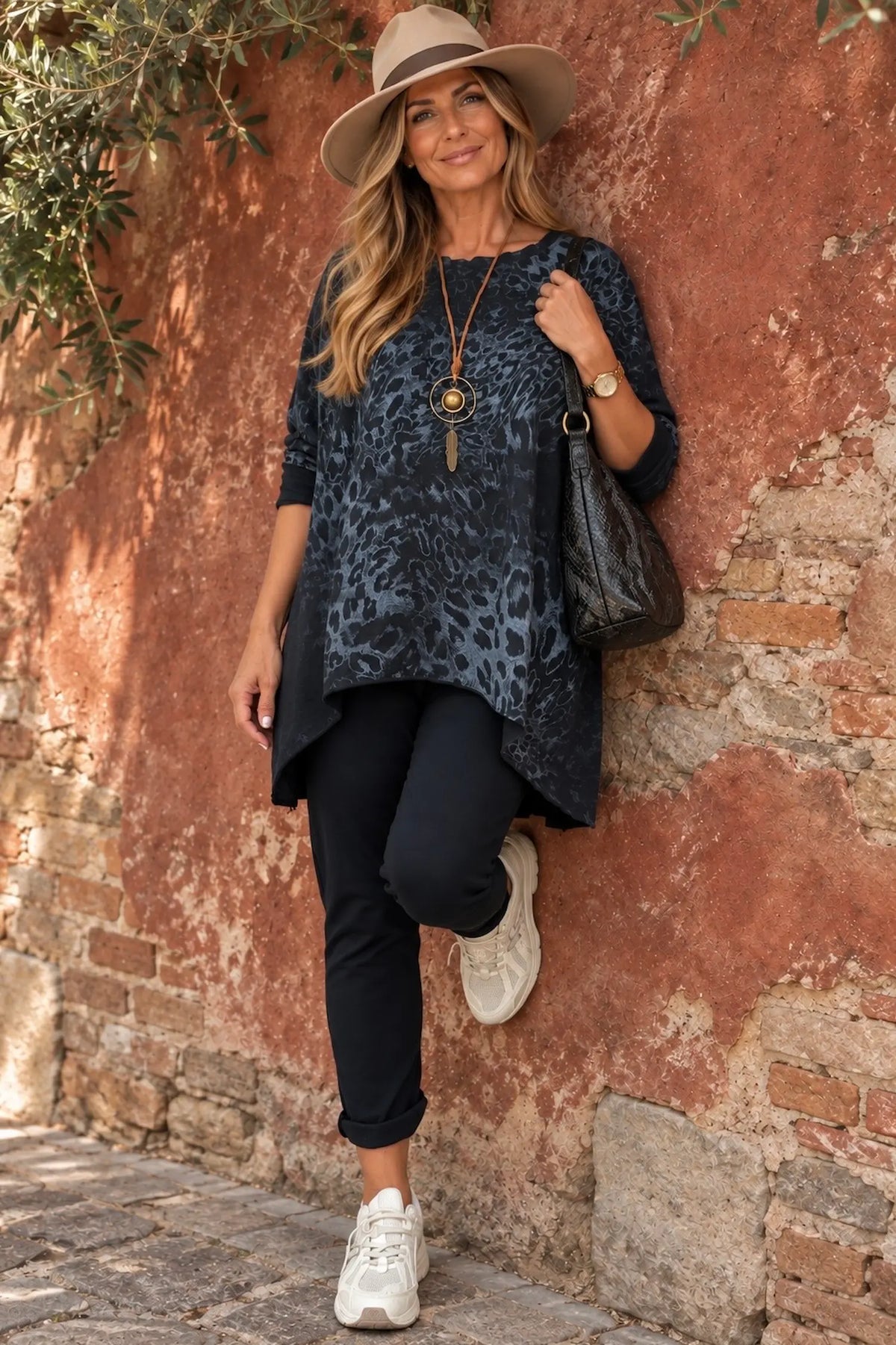 Cotton Tania Leopard Necklace Top - Midnight Blue