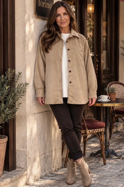 Alexandra Button Sleeve Faux Suede Button Jacket - Truffle Beige