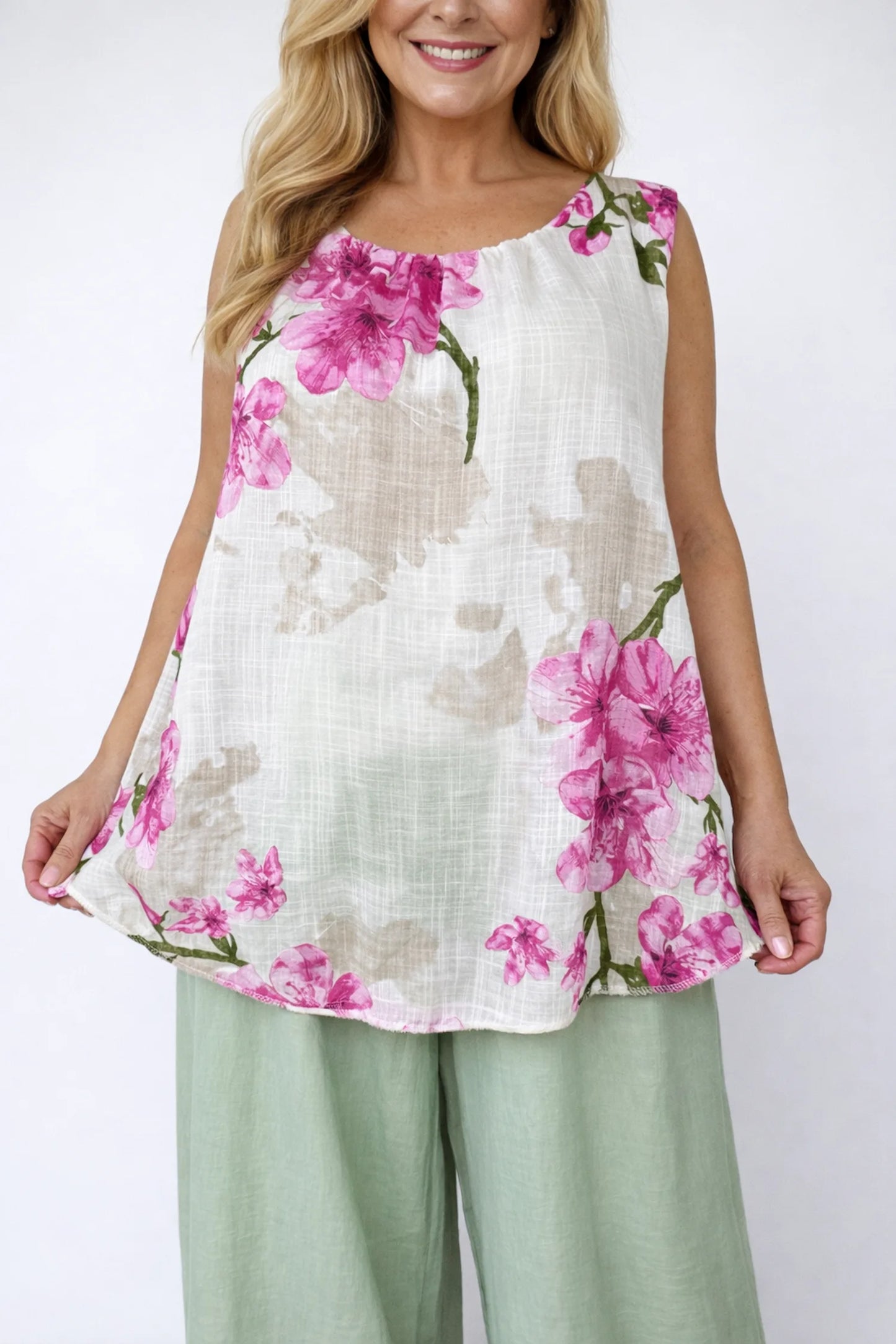 Linen Look Pure Cotton Fully Lined Floral Piali Vest - Fuchsia Petal