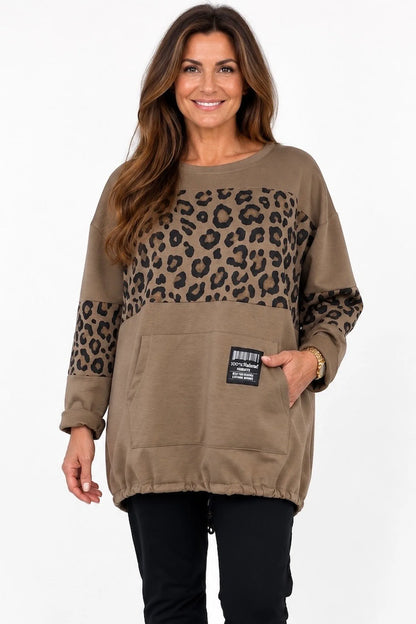 Tanya Badge Detail Pocketed Leopard Tied Hem Top - Mocha