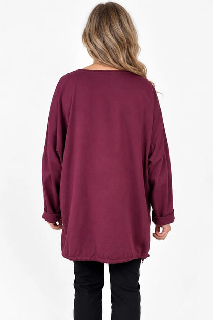 Cotton Embroidered Gold Sequin Floral Manica Tied Hem Top - Wine