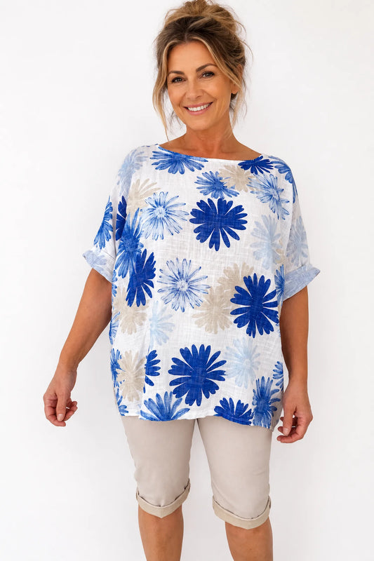 Pure Cotton Missi Floral Top - Denim Mix