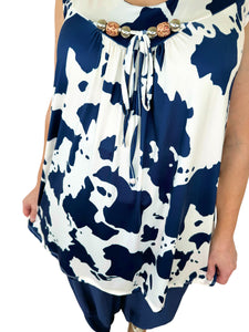 Super Stretch Tied Detail Cow Print Vest - Navy