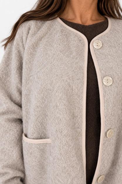 Soft Brushed Textured Double Pocket Contrast Trim Paris Button Jacket - Soft Truffle