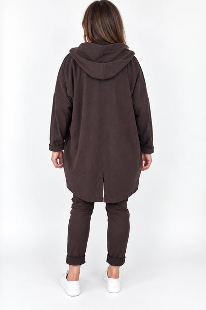 Double Pocket Zipped Cord Darci Hooded Jacket - Chocolate