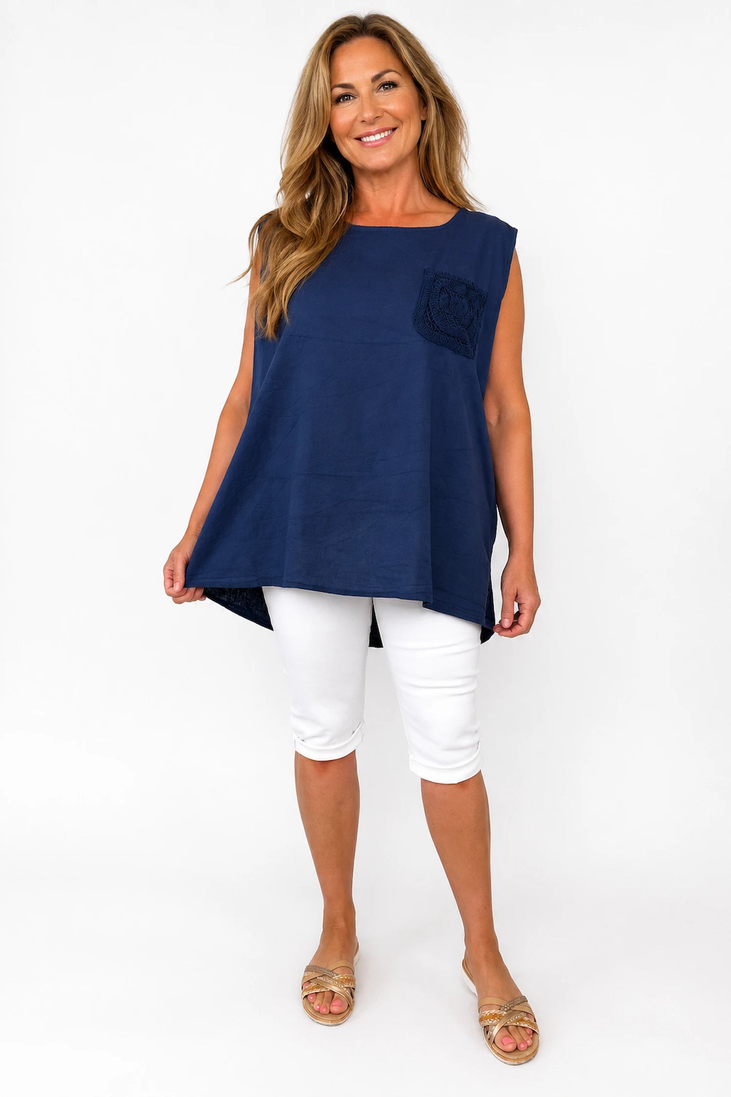 Linen Cotton Mix Button Back Embroidered Crochet Pocket Primrose Vest - Navy