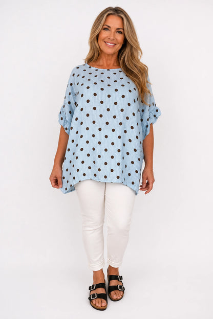 Polka Dot Frill Sleeve Soft Stitch Allegra Top - Baby Blue