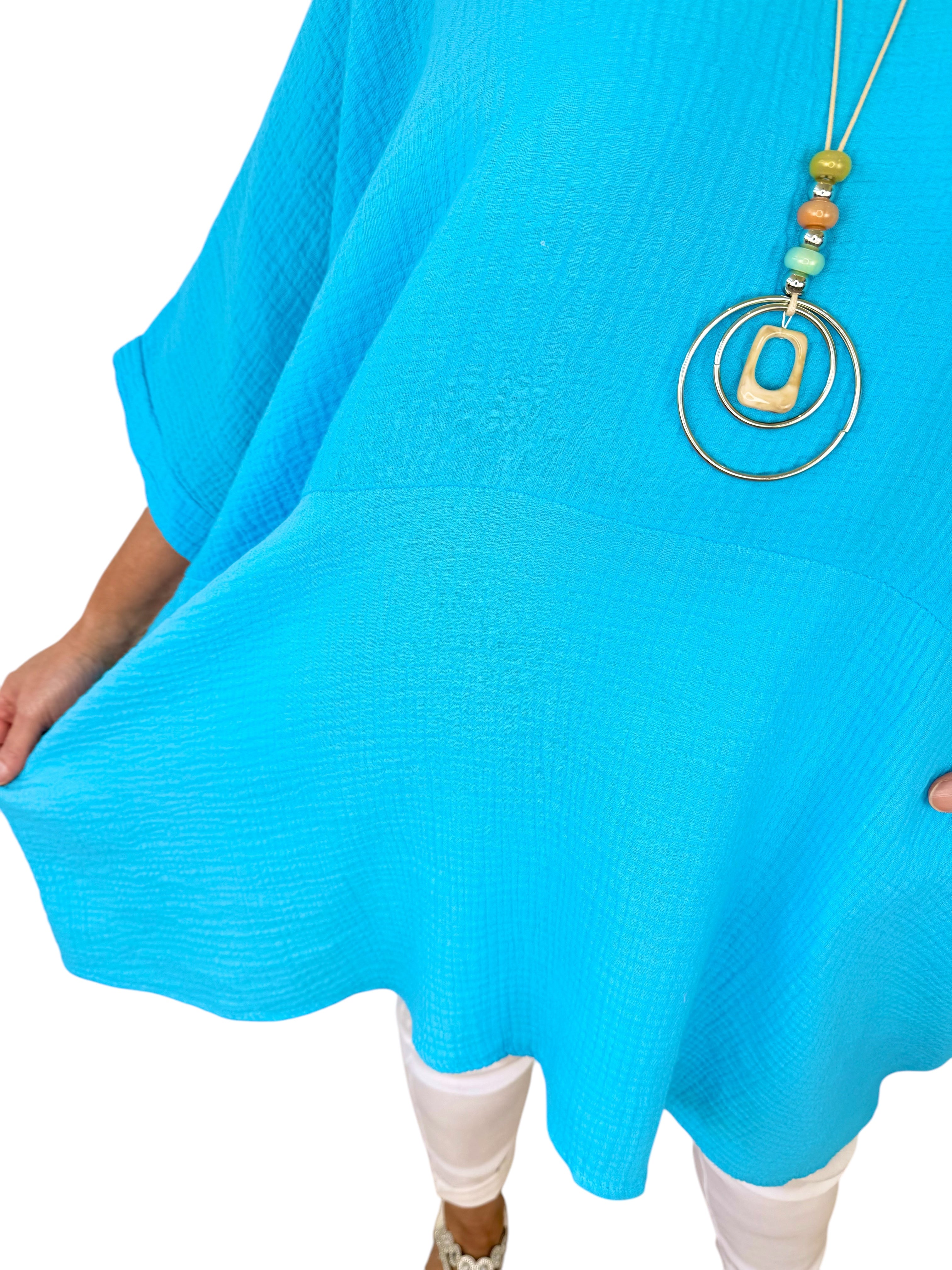 Bubble Cotton Double Pocket Lara Necklace Top - Turquoise