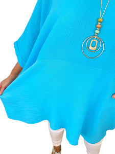 Bubble Cotton Double Pocket Lara Necklace Top - Turquoise
