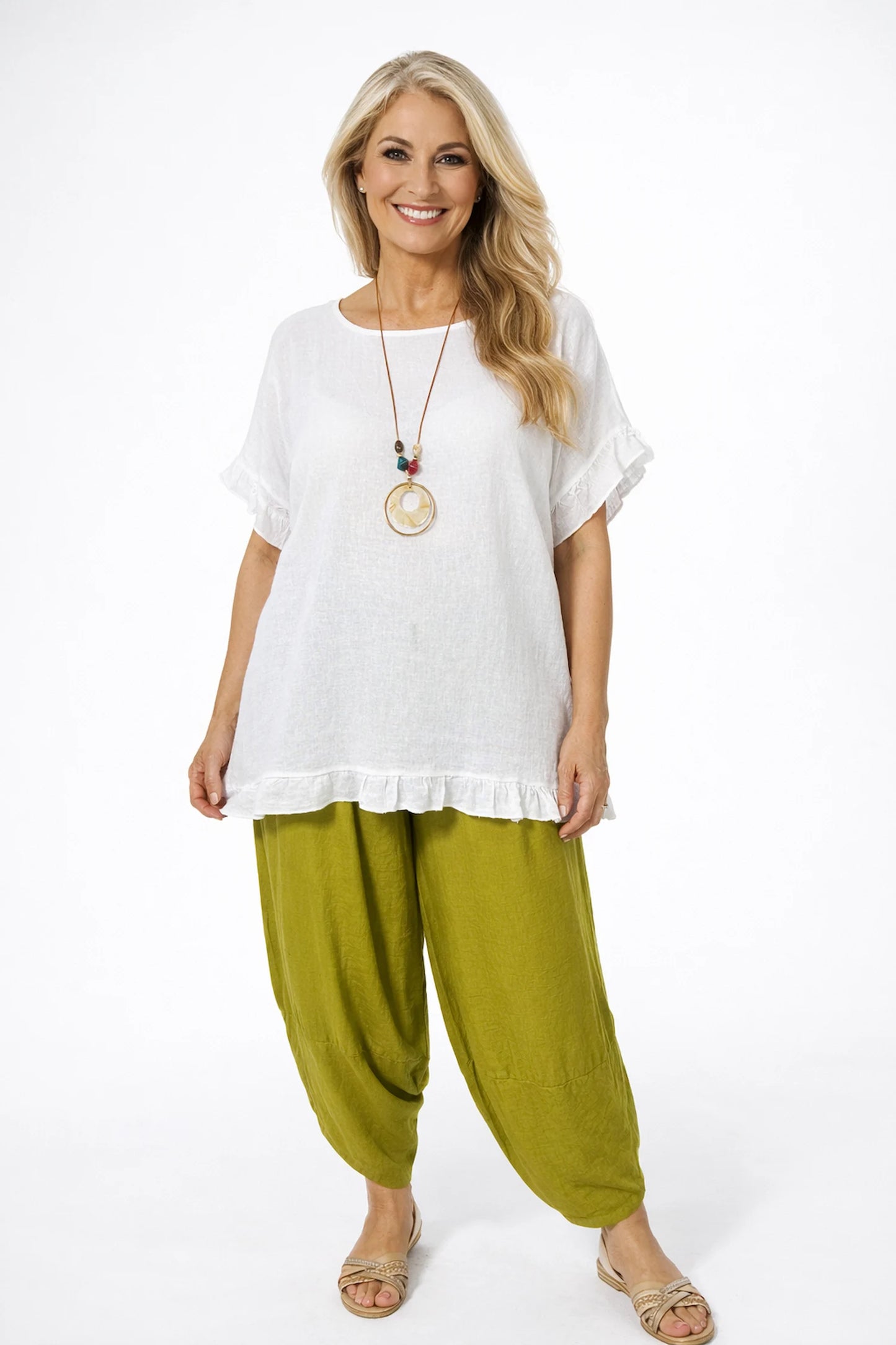 Linen Cotton Mix Frill Sleeve And Hem Iris Necklace Top - White