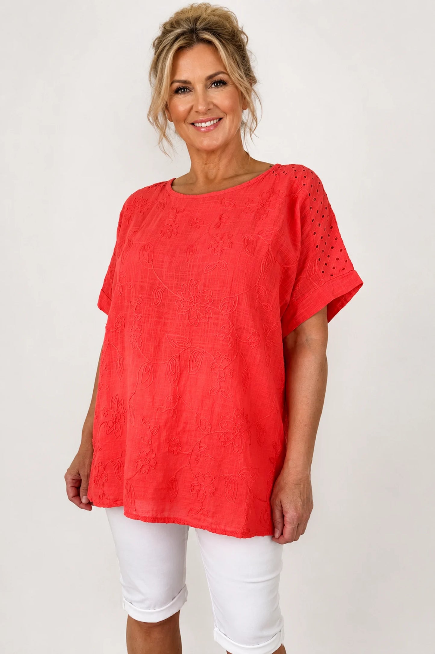 Pure Cotton Embroidery Anglaise Crochet Sleeve Devure Top - Coral