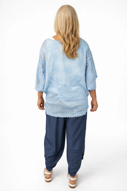 Pure Cotton Embroidery Anglaise Crochet Detail Batwing Viviana Top - Baby Blue