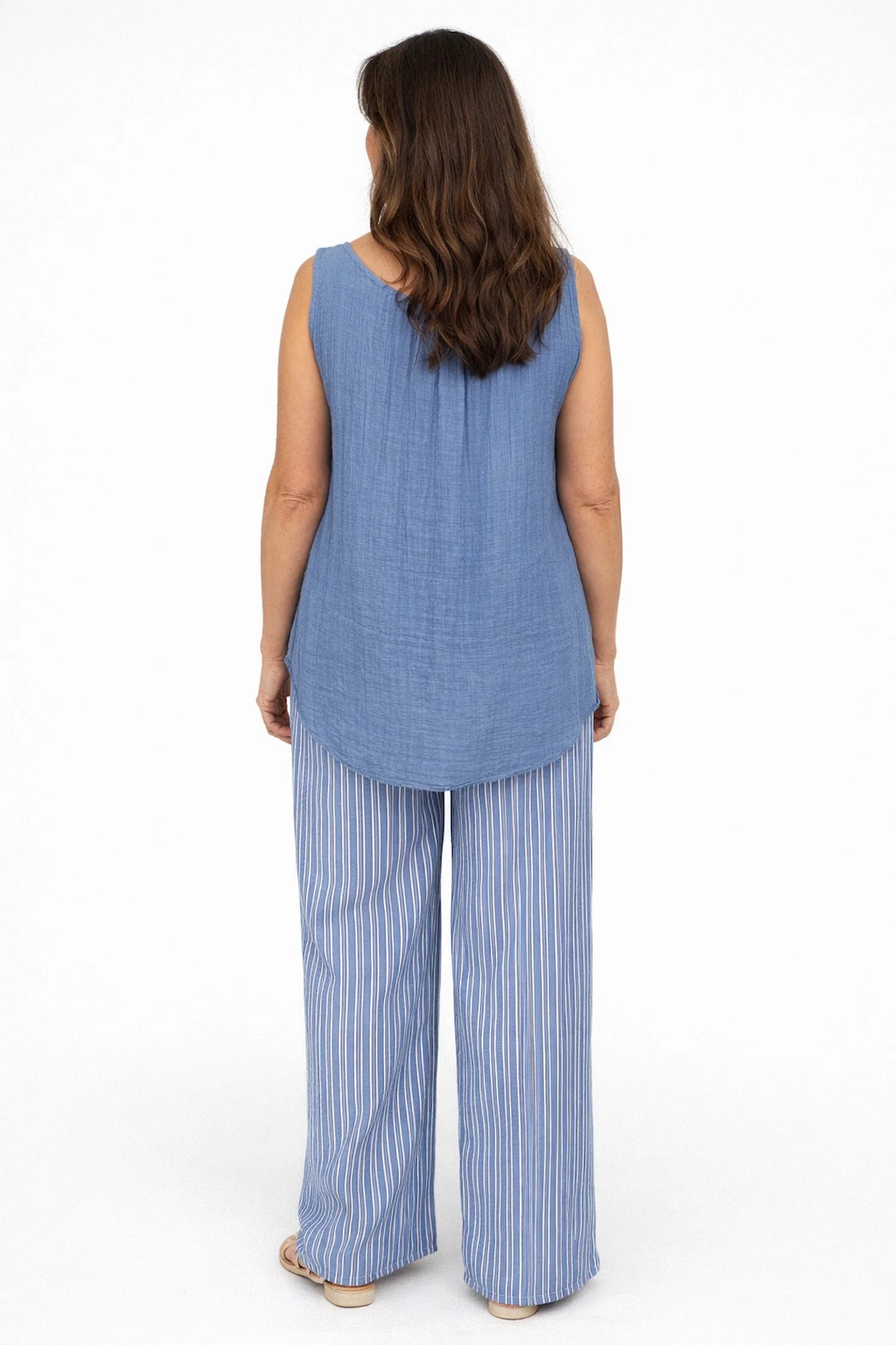 Linen Look Double Pocket Elasticated Waist Stripe Bella Wide Leg Pants - Sun-Washed Denim