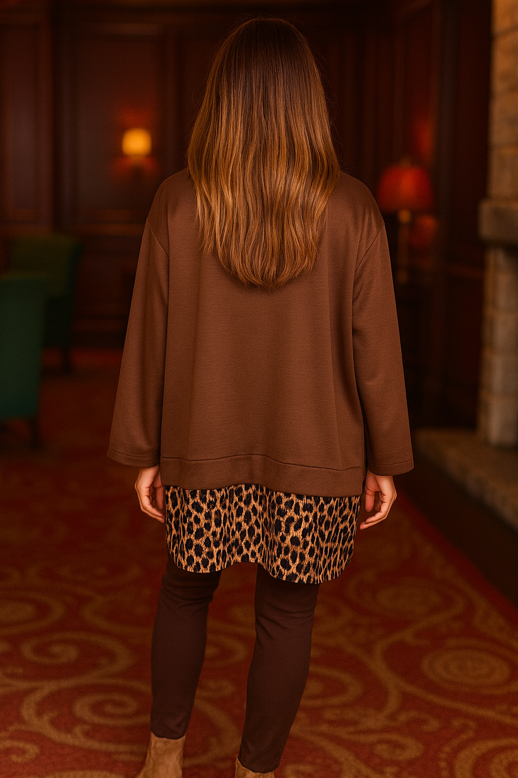 Two In One Effect Leopard Shirt Vivian Top - Chocolate