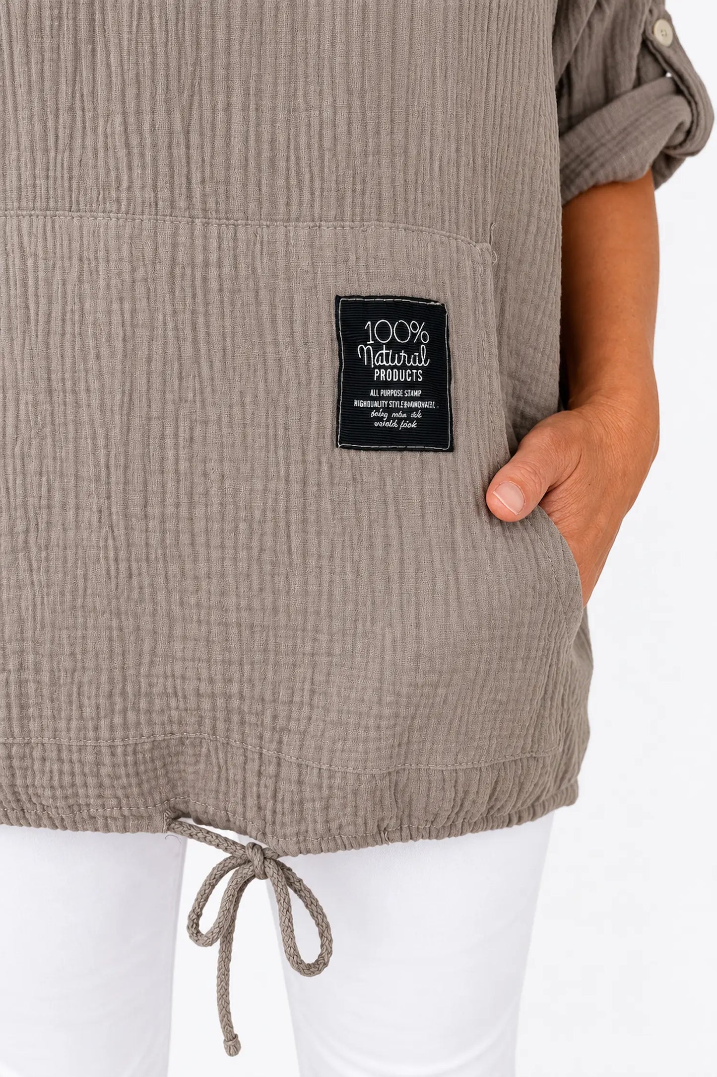 Pure Bubble Cotton Button Sleeve Badge Detail Pocketed Zara Hoodie - Mocha