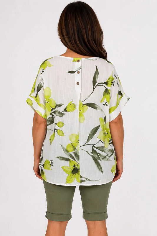 Button Back Floral Lime Felicity Top - Lime Petal