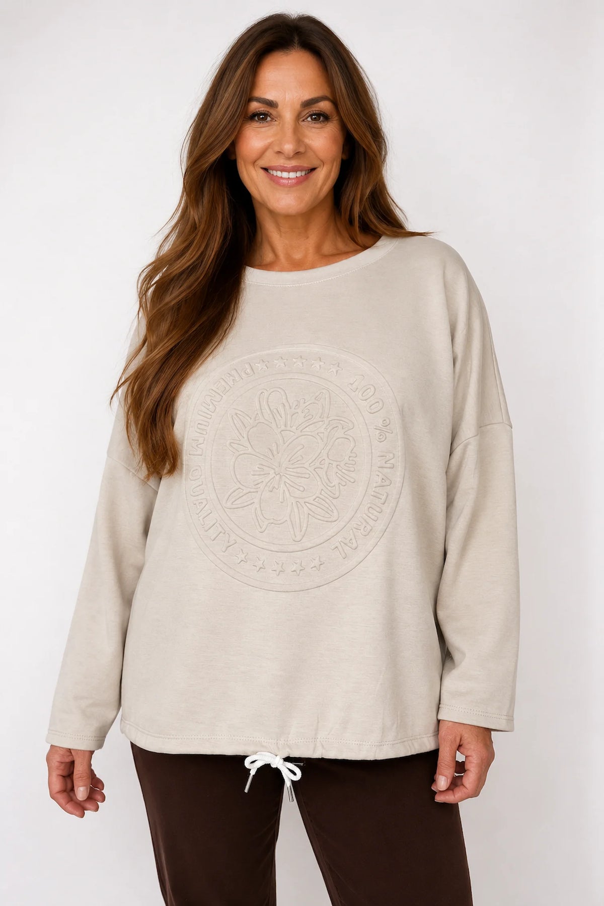 Embossed Clover Drawstring Hem Ambriella Top - Beige