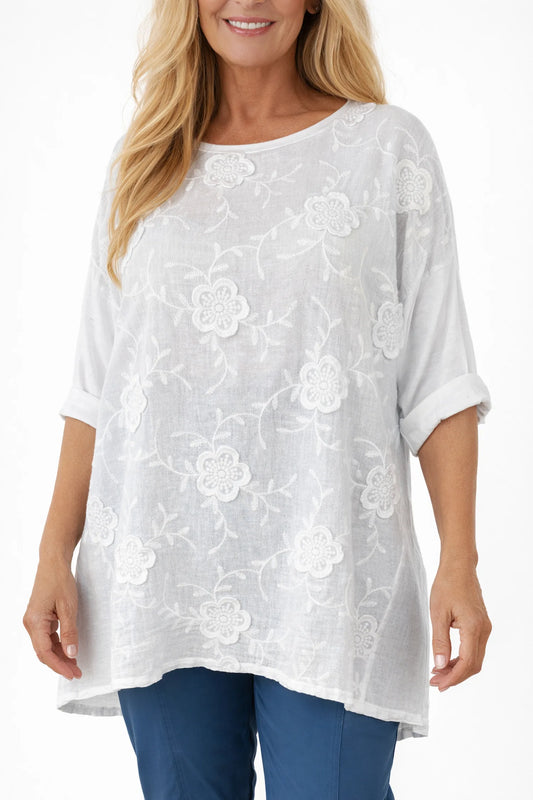 Linen Cotton Mix Embroidered Flower Capri Top - White