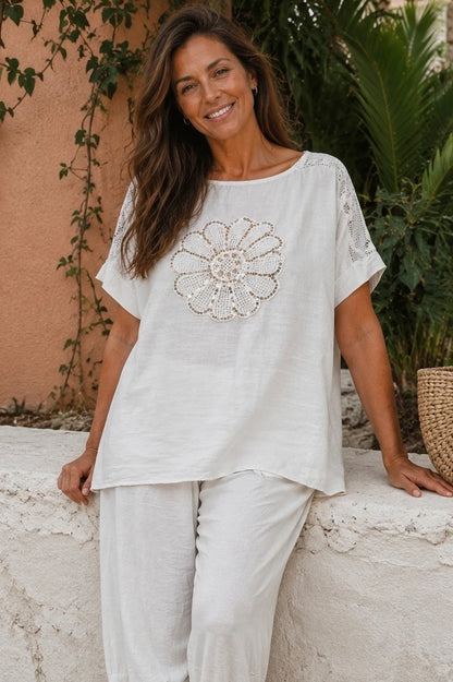 Linen Mix Sequin Floral Mesh Sleeve Detail Sophia Top - Natural Cream