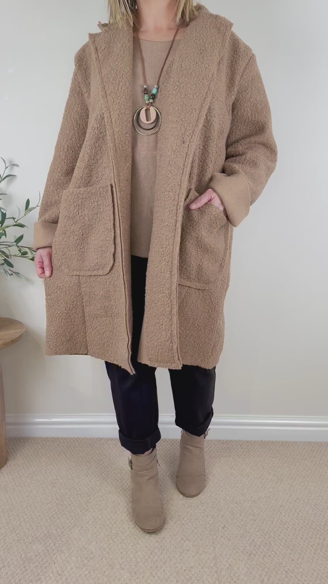 Wool Mix Long Line Double Pocket Teddy Button Coat AW24